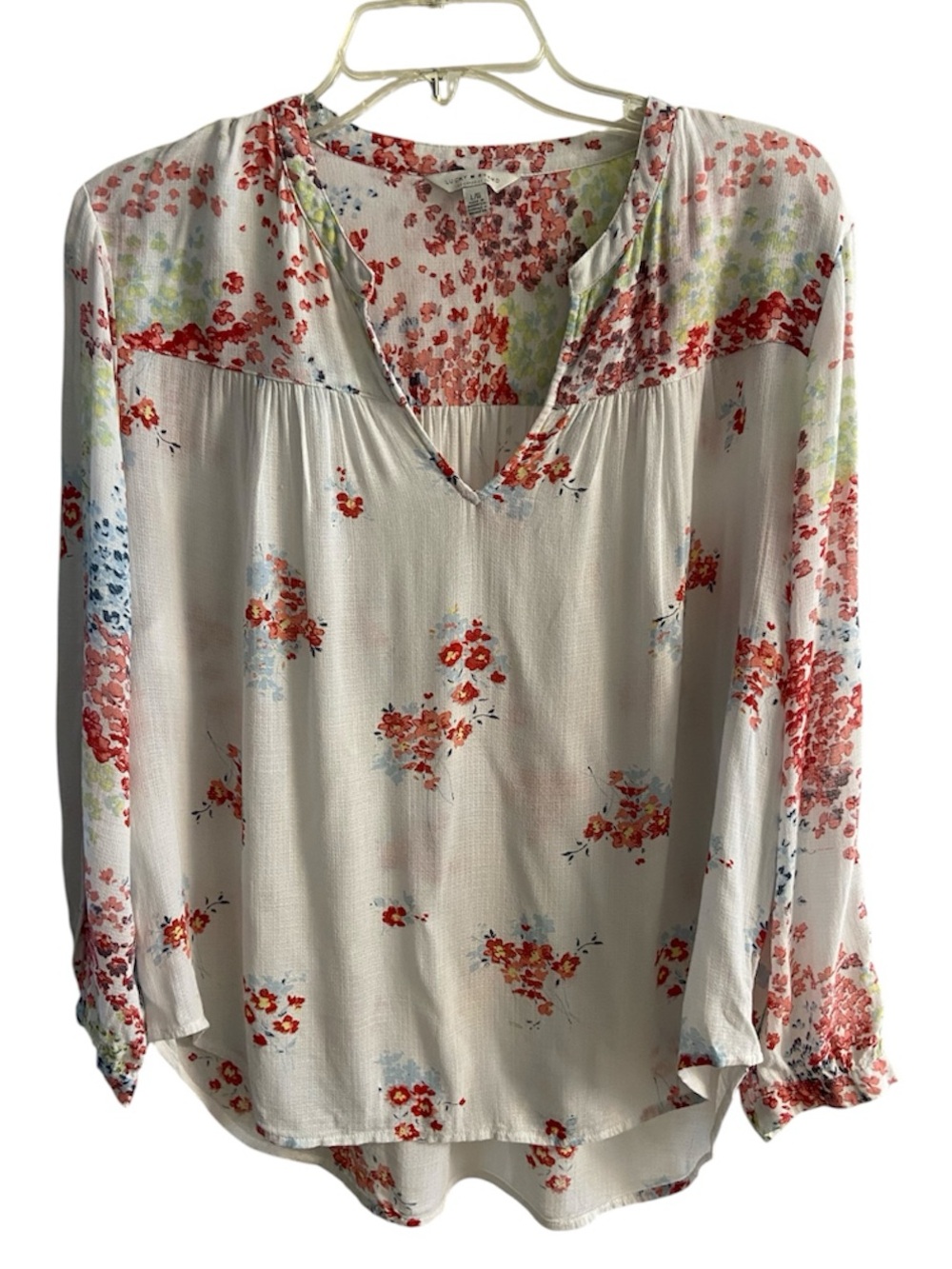 Lucky Brand Boho Mixed Floral Print Peasant Blouse Split Neck Long Sleeve Large
